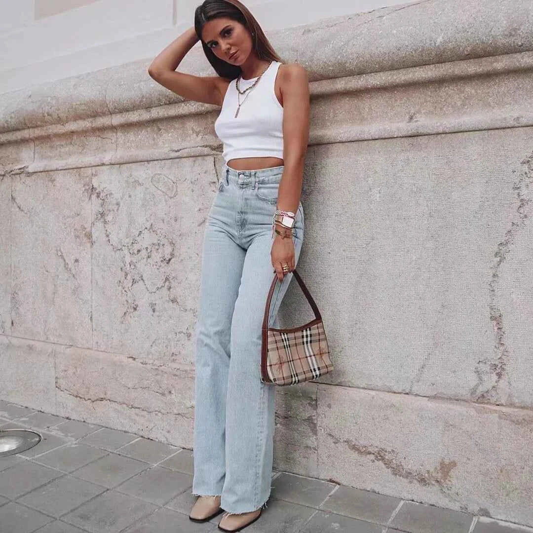Classic Straight-Leg High-Waisted Denim Jeans with Raw Hem – Multiple Colors Available