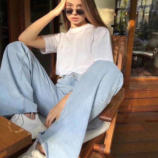Classic Straight-Leg High-Waisted Denim Jeans with Raw Hem – Multiple Colors Available