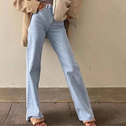 Fastdrop Shop Classic High-Waisted Straight-Leg Jeans with Raw Hem fastdrop shop