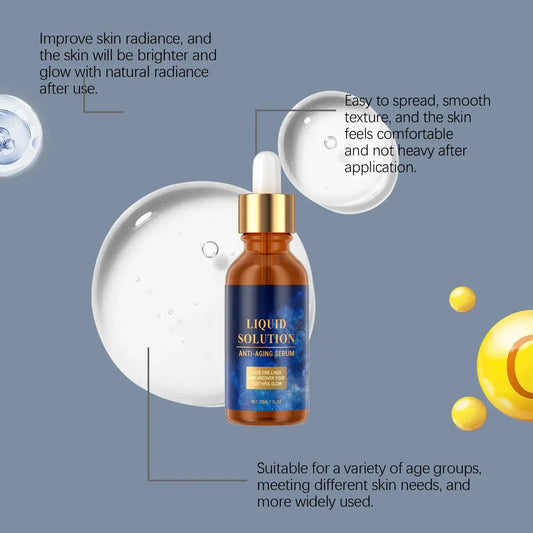 Anti Aging Serum Reduce Wrinkles Fade Fine Lines Whitening in a stylish bottle surrounded by serum droplets.
