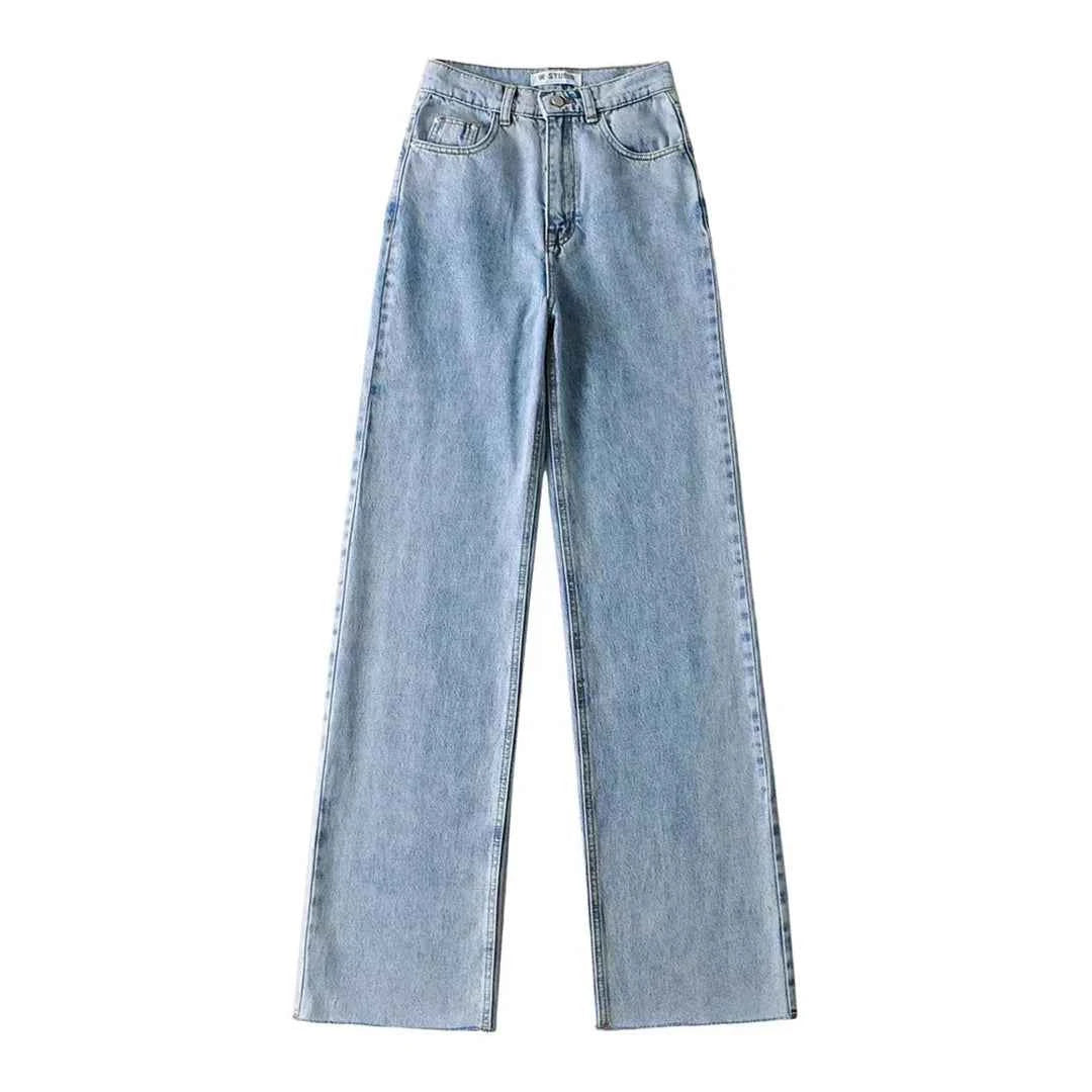 Classic Straight-Leg High-Waisted Denim Jeans with Raw Hem – Multiple Colors Available