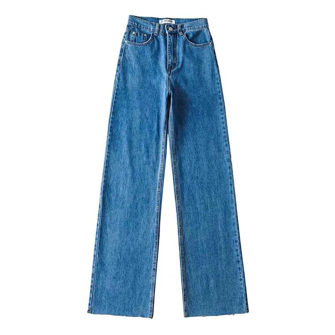 Classic Straight-Leg High-Waisted Denim Jeans with Raw Hem – Multiple Colors Available