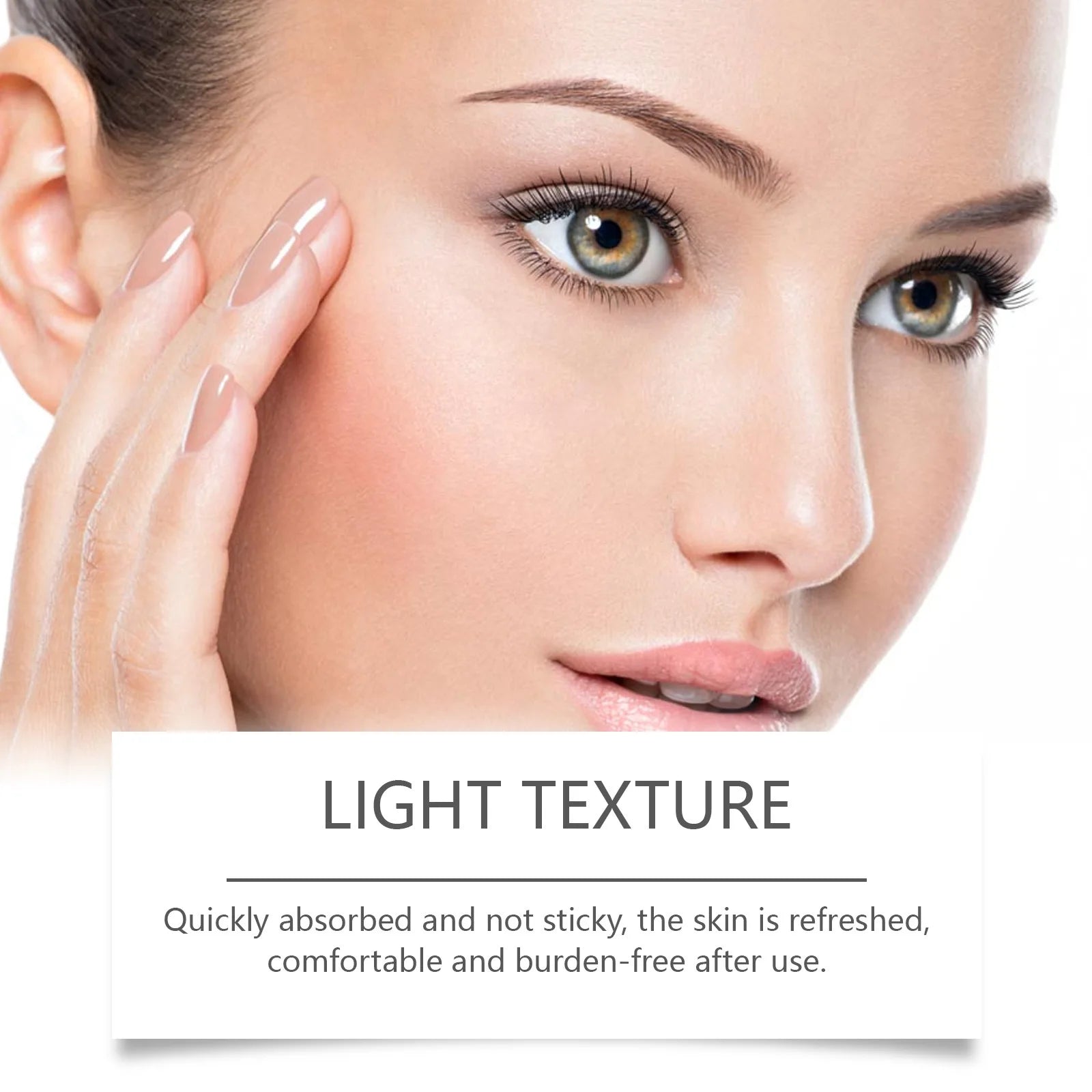 Light texture skincare product demonstrated on a woman's face, highlighting quick absorption and comfort for refreshed skin.
