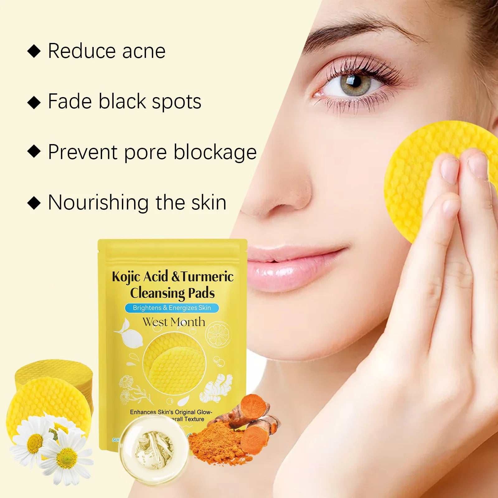 West&amp;Month Turmeric Kojic Acid Cleansing Pads Exfoliating Remove Dead Skin Acne Fade Melanin Oil Control Nourish Glow Facial Wash Sponges 60pcs

Specifications:●